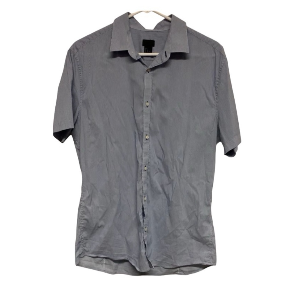 H&M men’s blue white micro stripe casual button down slim fit size L Large EUC